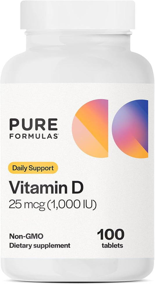 PureFormulas Vitamin D3 1,000 IU 25 mcg - Premium Vitamin D Supplement for Healthy Bone Formation, Teeth, Cardiovascular Health, and Immune Support Non-GMO - 100 Count Tablets
