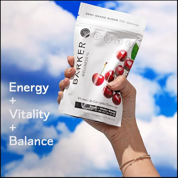 Barker Wellness Vitamin B-Complex Gummies | Energy & Metabolism Support | B1, B5, B6, B7, B9, B12 | Vegan, Sugar-Free | Cherry Flavor | 30 Gummies