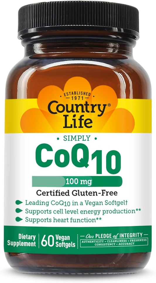 Country Life Simply CoQ10 100mg – Heart Function & Cellular Energy Support Supplement, Pure Coenzyme Q10 for Antioxidant & Cardiovascular Health, Certified Gluten Free & Vegan, 60 Softgels