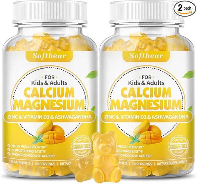 softbear Calcium Magnesium Zinc Gummies for Women, Calcium Magnesium Supplement High Absorption Calcium Gummies with Vitamin D3 for Bone Strength Vegan Mango Flavor 120 Gummies