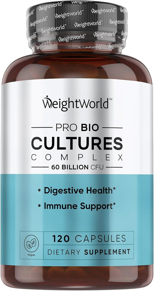 WeightWorld Bio Cultures Complex - Probiotic for Women & Men - Third-Party Lab Tested - 120 Vegan Capsules (2 Months Supply) - 60 Billion CFU with 20 Probiotic Strains - Vegan, Non-GMO & Gluten-Free