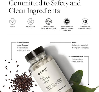 Not Today, Grey Daily Hair Supplement | Slows Grey Hair Growth & Repigment | Promotes Healthier, Thicker Hair | Biotin, B +D Vitamins & Proprietary Complex | Vegan & Gluten Free (1 Month Supply)