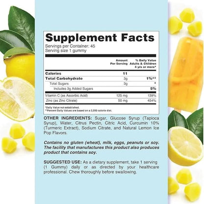 Vitamin C & Zinc Gummies for Adults & Children – 125mg Vitamin C & 20mg Zinc Per Dose | Vegan Gummy Vitamin for Skin Health, Blood Pressure & Metabolism | Gluten Free Kosher Supplements – 90 Ct