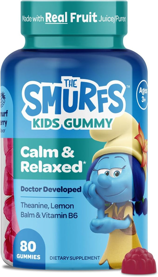 Smurfs Kids Calm Gummies | Calming Gummies for Kids with Lemon Balm & L Theanine | Made with Real Fruit | Doctor Developed | Gelatin Free Non-GMO No Artificial Flavors or Colors | 40 Servings