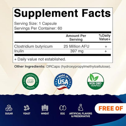 Vitamatic Clostridium butyricum 25 Million - Gut Health - 60 DR Capsules (Delayed Released) - Made with Prebiotic Inulin Fiber
