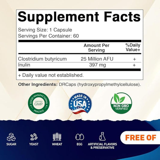 Vitamatic Clostridium butyricum 25 Million - Gut Health - 60 DR Capsules (Delayed Released) - Made with Prebiotic Inulin Fiber