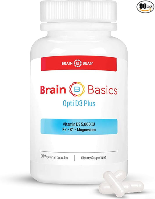Brain Basic Opti D3 Plus - Vitamin D3 5000 IU with K1, K2, and Magnesium - Brain Support Supplement for Mood, Mind, Memory - Bone, Muscle, and Immune Health - Gluten Free, Soy Free, and Dairy Free
