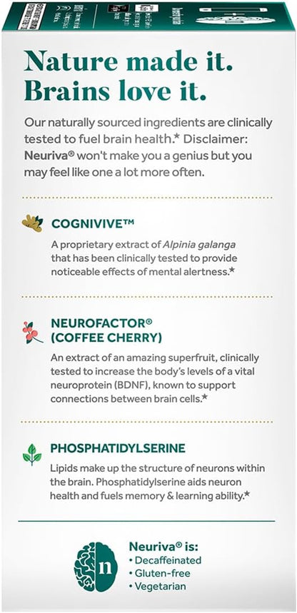 NEURIVA Ultra Brain Supplement for Mental Alertness, Memory, Focus & Concentration with Clinically Tested Cognivive, Neurofactor, Phosphatidylserine, Vitamins B6 & B12, 60 Count Capsules (2 Pack)