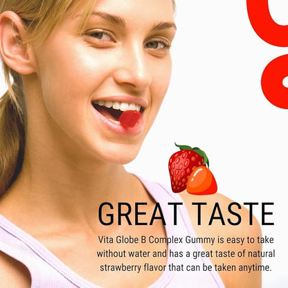 B Complex Gummy Vitamins - Strawberry Flavor with Vitamin C, Niacin, B6, B12 & Biotin for Energy, Heart Health and Brain Support, 60 Count (Pack of 1)