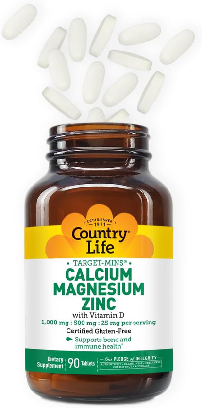 Country Life Calcium Magnesium Zinc with Vitamin D3 and L-Glutamic Acid, Dietary Supplement for Bone Support, Certified Gluten Free, 1000mg/500mg/25mg, 90 Tablets