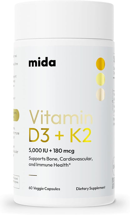 Mida Health® D3 K2 Vitamin 5000 IU with MK-7 | Natural Supplement for Bone, Heart, and Immune Support | Adult Vegan Capsules | 60 Servings