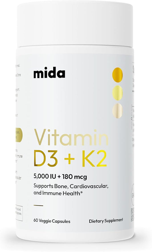 Mida Health® D3 K2 Vitamin 5000 IU with MK-7 | Natural Supplement for Bone, Heart, and Immune Support | Adult Vegan Capsules | 60 Servings