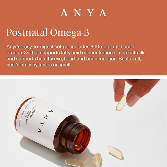 ANYA Omega-3 with 300mg of DHA and EPA, Clean Ingredients, Non-GMO, 100% Vegan, Gluten, Soy, and Dairy Free. Baby Shower Gifts & Breastfeeding, Postnatal Supplement, Lactation Support
