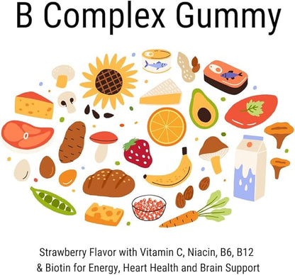B Complex Gummy Vitamins - Strawberry Flavor with Vitamin C, Niacin, B6, B12 & Biotin for Energy, Heart Health and Brain Support, 60 Count (Pack of 1)