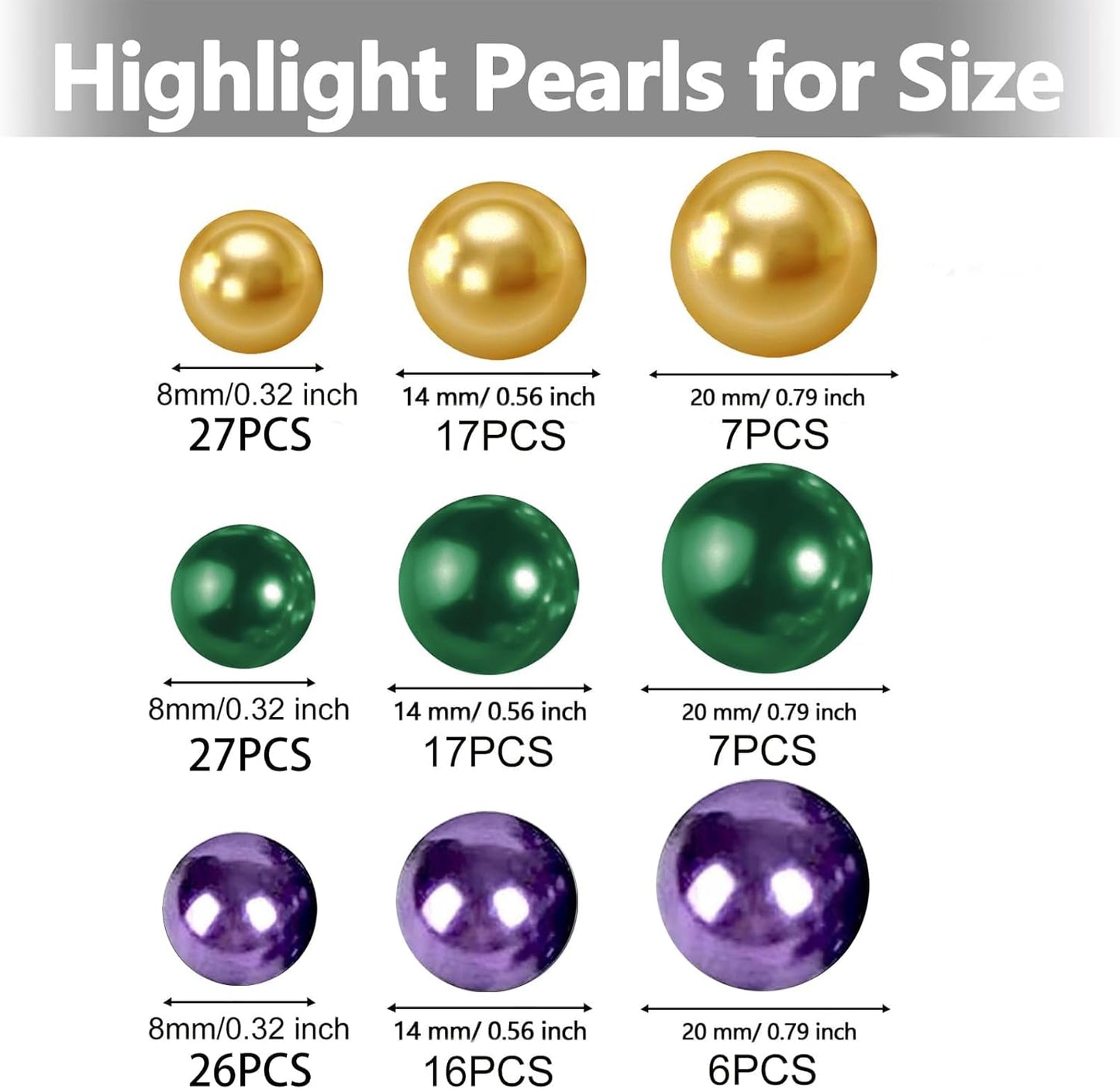 150Pcs Gold&Green&Dark Purple Polished Mardi Gras Beads for Vase Filling Decorations, Plastic Pearls Vase Fillers, Table Scatters, Mardi Gras Party, Home Decor, 8/14/20 mm