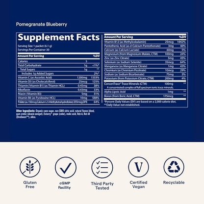 Trace Minerals Power Pak | Electrolyte + 1200mg Vitamin C, Zinc, Magnesium | Immunity, Hydration & Energy Support | Pomegranate Blueberry, Raspberry, Acai Berry | 30 ct Variety Pack