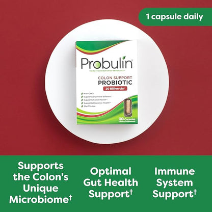 Probulin Colon Support Daily Probiotic + Prebiotic + Support Gut Health, Occasional Gas and Bloating - 20 Billion CFU - 12 Strains, 30 Vegan Capsules
