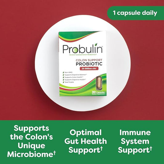 Probulin Colon Support Daily Probiotic + Prebiotic + Support Gut Health, Occasional Gas and Bloating - 20 Billion CFU - 12 Strains, 30 Vegan Capsules