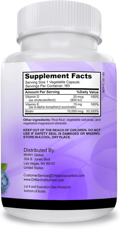 Potent Biotin (Vitamin B7) 10,000 mcg with Vitamins D & E Supplement | 180 Count | Hair, Skin And Nails | For Thicker & Stronger Hair Growth | Healthy, Youthful Skin & Strong Nails | Energy Support