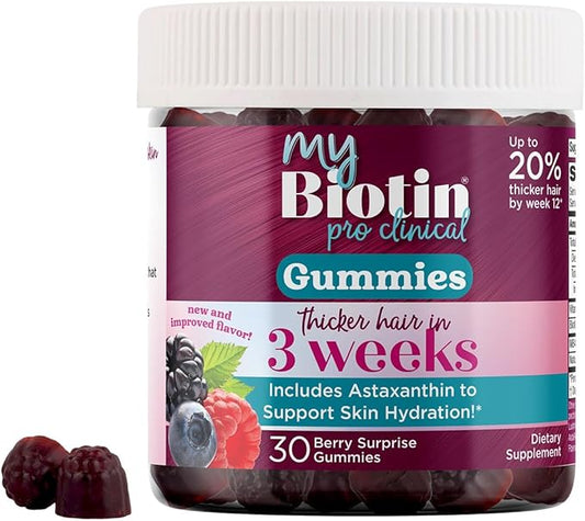 Purity Products MyBiotin ProClinical Gummies - Thicker Hair Starting in 3 Weeks & Fights Wrinkles - MB40X Biotin Matrix w/Astaxanthin - 40X More Soluble vs Ordinary Biotin 30 Berry Gummy Chews