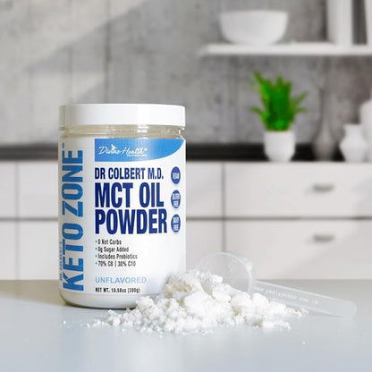 Dr. Colbert's Keto Zone MCT Oil Powder | Unflavored | 70% C8 | 30% C10 | 0 Net Carbs | Gluten Free | 30 Day Supply | 300g |
