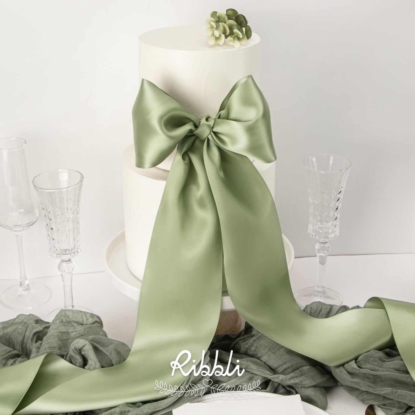 Ribbli Dusty Sage Satin Ribbon 4 Inch Wide Sage Green Ribbon for Wedding Chair Sash Grand Opening Ceremony Big Bows Gift Wrapping Floral Crafts Cake Decor-Double Faced Satin Continuous 10 Yards