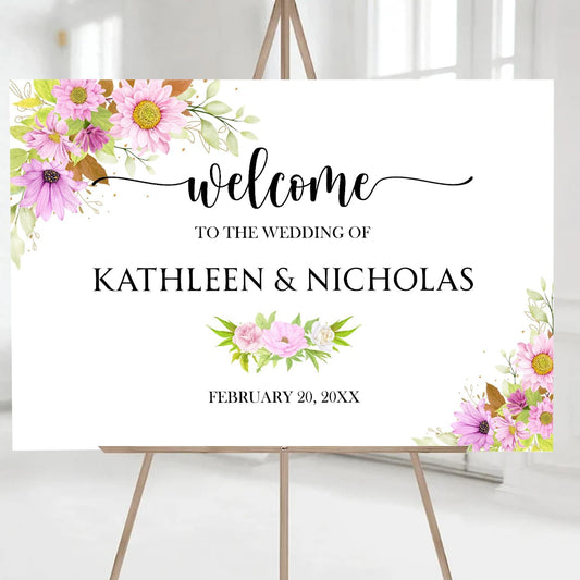 Blush Pink Floral Wedding Welcome Sign Template, Editable Printable Soft Pink Sign with Watercolor Flowers, Elegant Wedding Entrance or Reception Decor