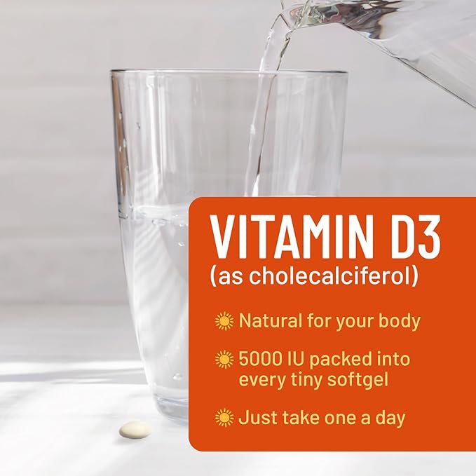Vitamin D3 5000 IU Softgels (125 mcg) - Extra Strength Vitamins D-3 Dietary Supplement for Bone, Teeth, Muscle Health & Immune Support, Rapid Absorbtion Mini D Softgel, Non-GMO, Gluten Free - 60 Count