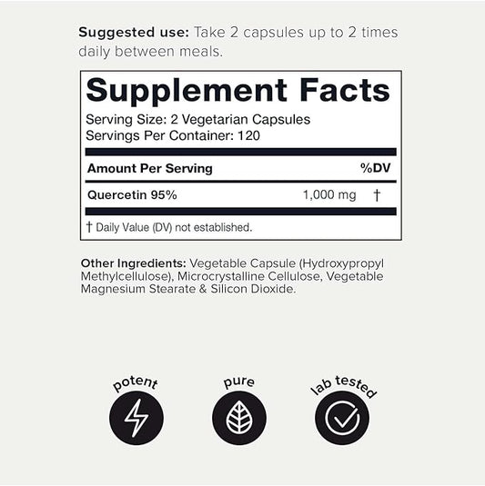 Toniiq Ultra High Purity Quercetin Capsules - 95%+ Highly Purified and Bioavailable - 1000mg Per Serving - 240 Capsules Quercetin Supplement