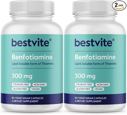 Benfotiamine 300mg (120 Vegetarian Capsules) (60x2) No Stearates - No Silicon Dioxide - Vegan - Non GMO - Gluten Free