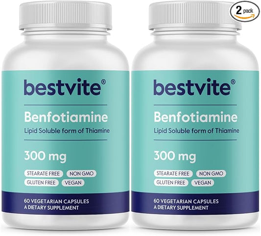 Benfotiamine 300mg (120 Vegetarian Capsules) (60x2) No Stearates - No Silicon Dioxide - Vegan - Non GMO - Gluten Free