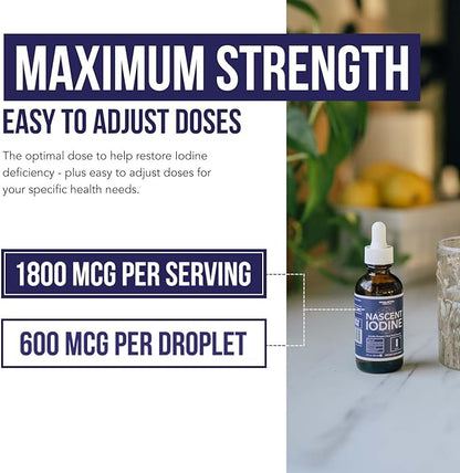 Nascent Iodine Supplement 400 Servings, Glass Bottle, Vegan, 1800 mcg - 600 mcg per Drop - Pure, Clear Color - Supports Thyroid Health, Energy, Immunity & Metabolism (2 oz.)
