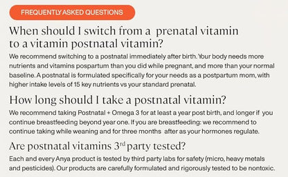 ANYA Postpartum Multivitamin, Postnatal Vitamin for Women Breastfeeding, 30 Capsules - Vitamins A, C, D3, Zinc, B12, Biotin, Folate and Iron - 100% Vegan, Non-GMO, Gluten Free, Baby Shower Gifts