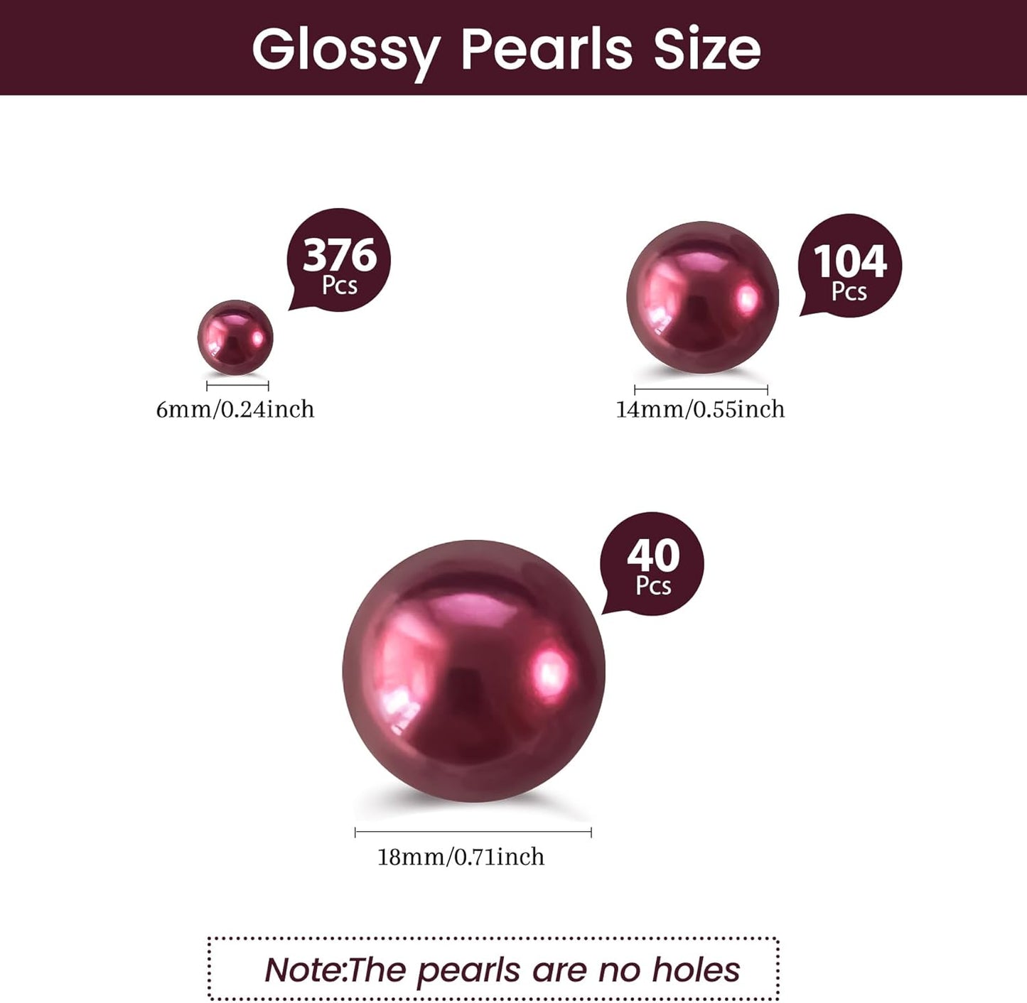 520Pcs WineRed Beads for Centerpieces Decor, Artifical Pearls Vase Filler, Large Beads for Makeup Brush, No Hole Round Pearl Beads for Wedding Birthday Christmas Party Home Decor(18mm 14mm 6mm)