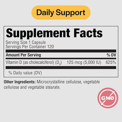 PureFormulas Vitamin D3 5,000 IU 125 mcg - Pure Vitamin D Supplement for Healthy Bone Formation, Teeth, Cardiovascular Health, and Immune Support Non-GMO - 120 Count Vegetarian Capsules