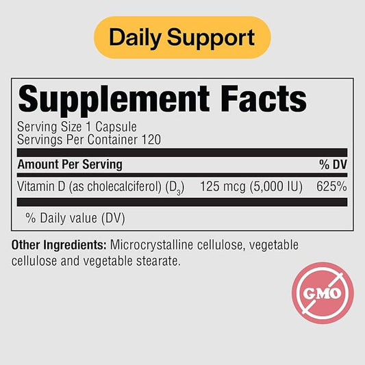 PureFormulas Vitamin D3 5,000 IU 125 mcg - Pure Vitamin D Supplement for Healthy Bone Formation, Teeth, Cardiovascular Health, and Immune Support Non-GMO - 120 Count Vegetarian Capsules