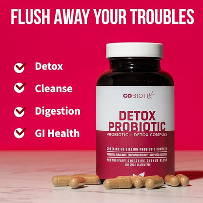 GOBIOTIX Detox Probiotic Supplement for Digestive Health - Milk Thistle, Turmeric, and Dandelion Root, Enzymes for Gut Health - 50 Billion CFU - 60 Capsules