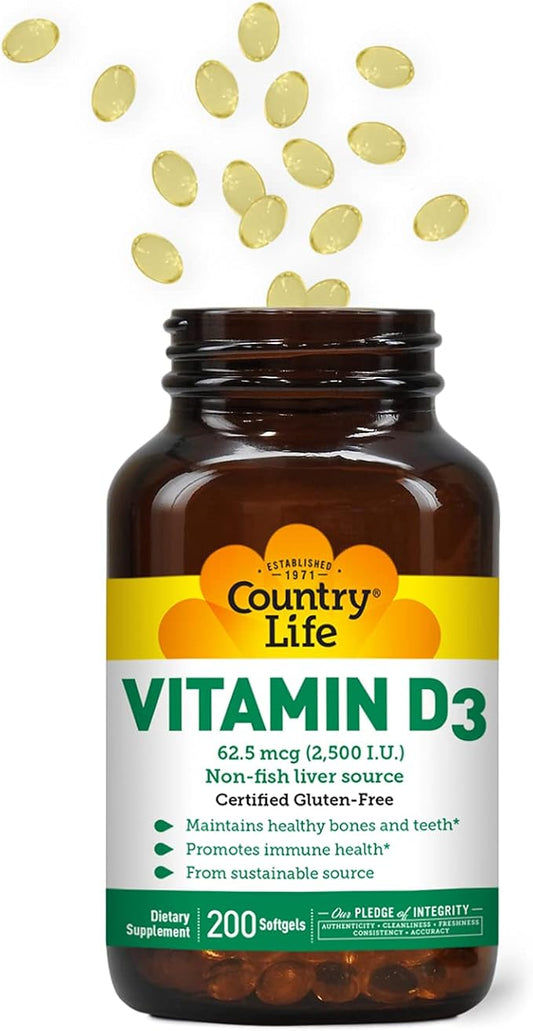 Country Life Vitamin D3 2500 IU – Non-Fish Derived, High Potency Vitamin D3 for Bone Strength, Immune Support & Calcium Absorption – Certified Gluten-Free, 200 Softgels