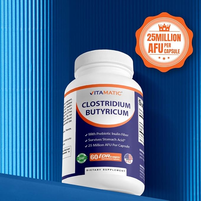 Vitamatic Clostridium butyricum 25 Million - Gut Health - 60 DR Capsules (Delayed Released) - Made with Prebiotic Inulin Fiber