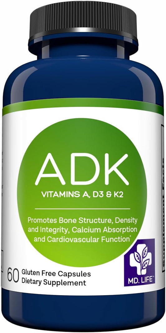 MD.LIFE A D K Vitamin Supplement - Vitamin D3 K2 and A - 60 Capsules - Bone Health and Heart Health Support – High Potency Vitamin ADK Supplement - ADK Complex