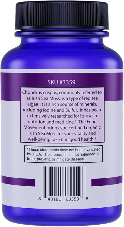 Irish Sea Moss, Organic Prebiotic Food, Over 70 Trace Minerals, Supports Healthy Elimination, Digestion and Immune Support 120 Vegan Capsules