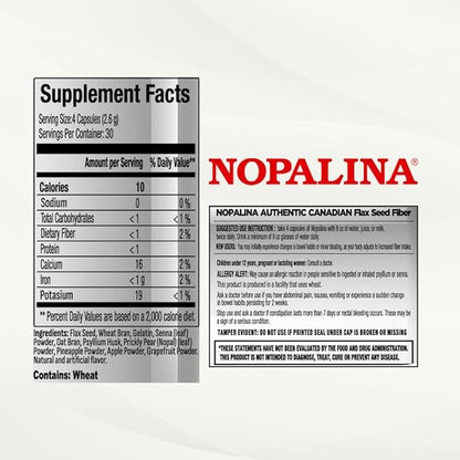 Nopalina Fiber Formula | 120 Capsules | Flax Seed, Psyllium, Oat and Wheat Bran, Omega 3, 6 & 9 | Gut Health & Regularity | The Original