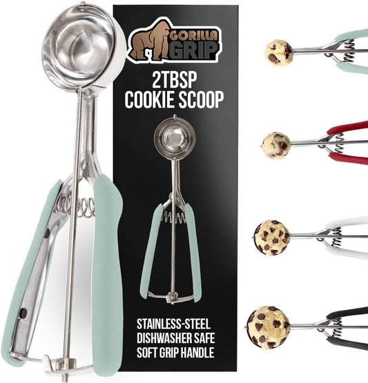 GORILLA GRIP Stainless Steel Cookie Scoop for Baking, 2 TBSP, Multipurpose Melon Baller, Meatball Spring Scoops, Perfect Portion Sizes, Easy Food Release, Scooper Size 40, BPA-Free Kitchen Tool, Mint