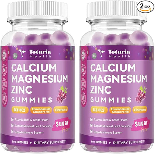 2 PCS Sugar Free Calcium 1200 mg with Vitamin D3 K2 (MK-7) Gummies, Calcium Citrate Magnesium Zinc Supplement w/Boron, Glucosamine Chondroitin, Max Absorption for Bone, Immune, Joint, Grape-Flavor