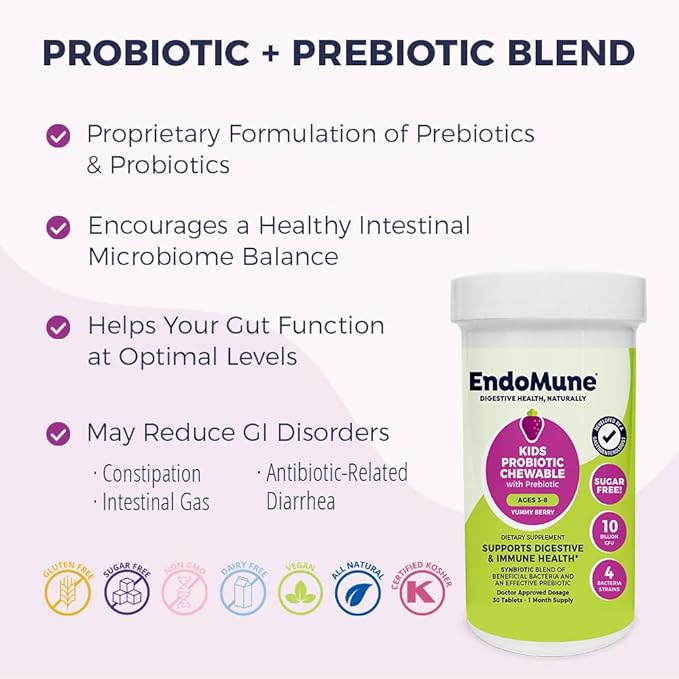 EndoMune Jr Advanced Kids Probiotic and Prebiotic | 10 Billion CFUs | 4 Strains Bacteria and FOS Prebiotic | Physician Formulated | 30 Chewable Tablets