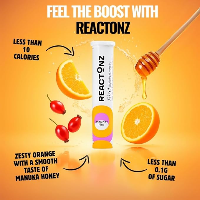 5 in 1 Immune Booster – Vitamin C, Zinc, Manuka Honey, Rosehip & Propolis – Natural Orange Fizzy Drink Supplement for Daily Immune Support (60 Effervescent Tablets)