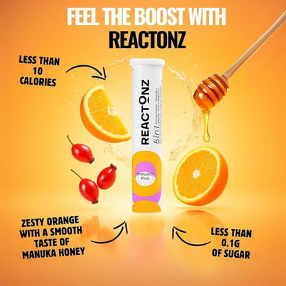 5 in 1 Immune Booster – Vitamin C, Zinc, Manuka Honey, Rosehip & Propolis – Natural Orange Fizzy Drink Supplement for Daily Immune Support (60 Effervescent Tablets)
