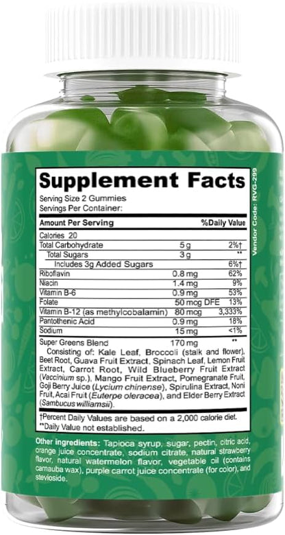 Super Greens Gummies - Green Superfoods Supplement with Spinach, Broccoli, Kale, Beet Root, Elderberry for Immunity Support - Fruit and Vegetable Supplement - Watermelon Flavor, 60 Gummies