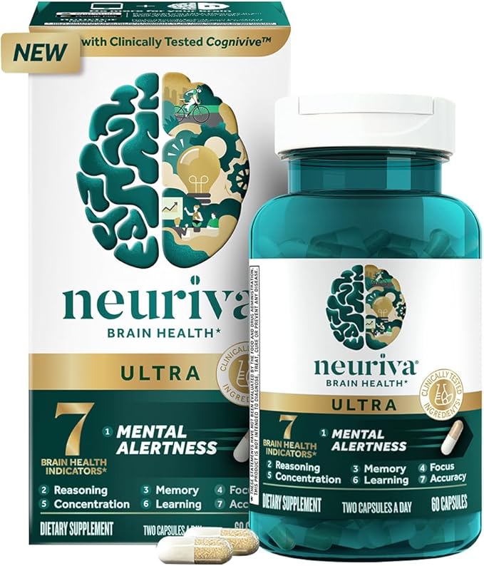 NEURIVA Ultra Brain Supplement for Mental Alertness, Memory, Focus & Concentration with Clinically Tested Cognivive, Neurofactor, Phosphatidylserine, Vitamins B6 & B12, 60 Count Capsules (2 Pack)