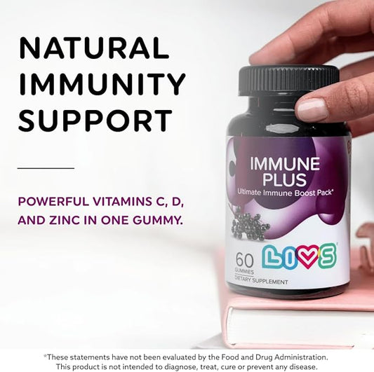 Immune Plus Gummies – Elderberry Extract with Vitamin C, D3, & Zinc | Plant Based Immune Support Supplements for Adults & Kids | Gluten Free & Chewable Elderberry Flavored Gummy Vitamins - 60 Ct